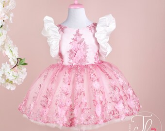 Handmade Pink Floral Tulle Dress: Baby Girl Party, Prom, Fairy