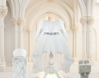 White Tulle Christening Gown: Sequin Bow Baptism Dress