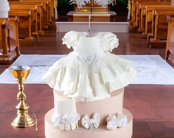 Linda niña blanca bendición / bautizo bautismo vestido de satén, vestido de bautismo para niña, vestido de bautismo, regalo de vestido de bautizo para bebé