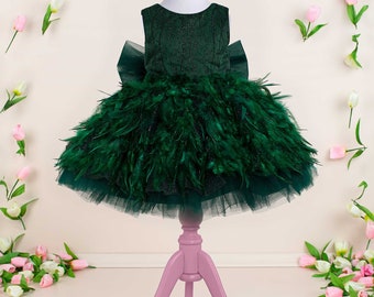 Emerald Green Feather Dress: Elegant Toddler Princess Gown