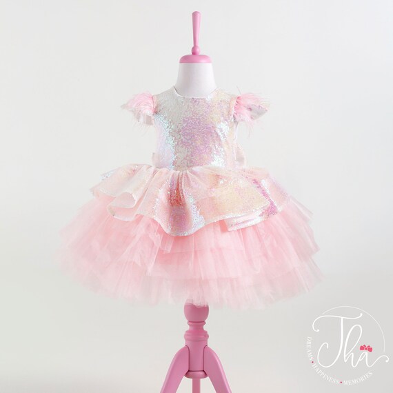 Pink Easter Dress for Girls Easter Princess Outfits Elegant Flower Easter Outfit Easter Outfit for 1 Year Old Sequin Shiny Easter Dress
