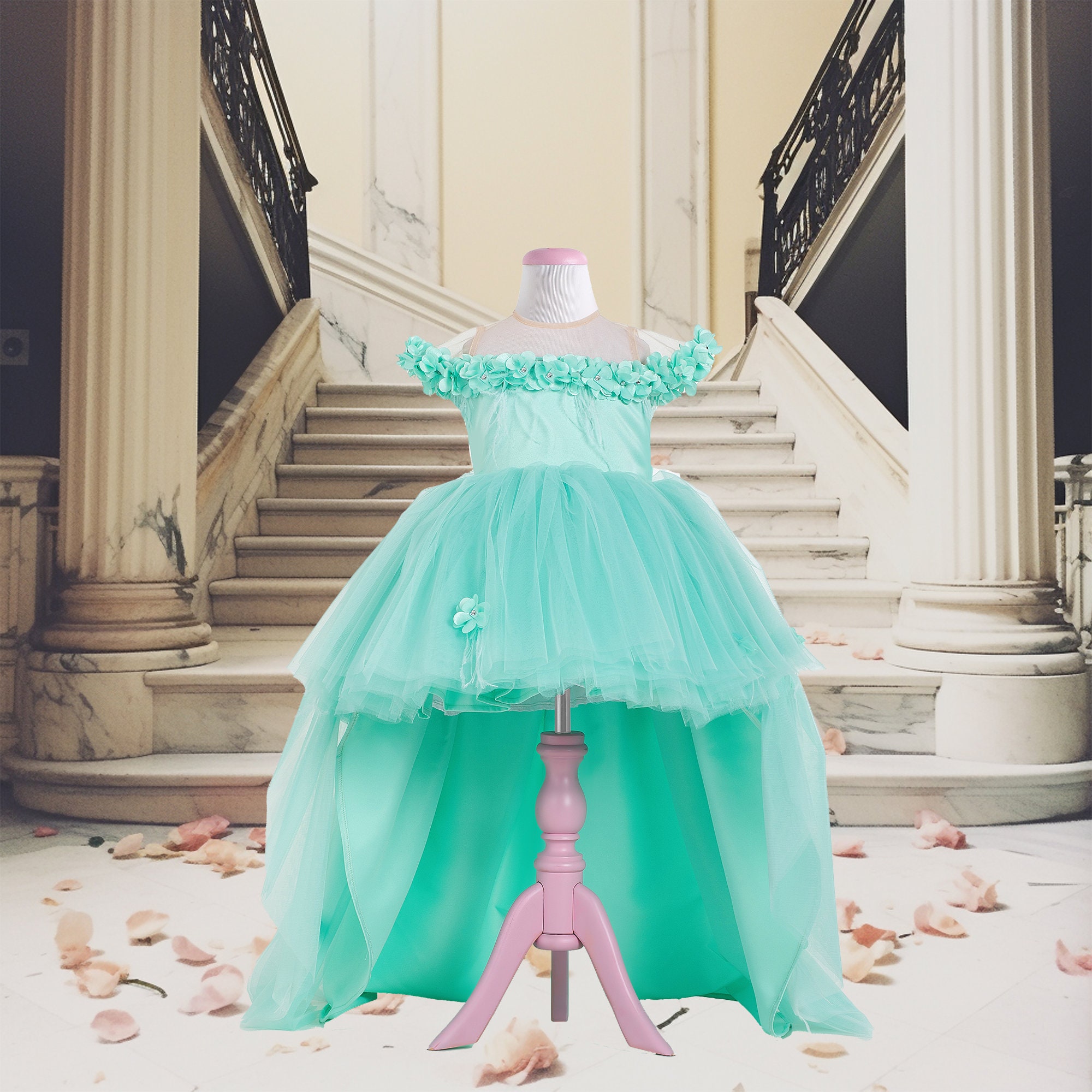 Green Mint Tulle Fairy Prom Ball Gown. Blue Turquoise Floral