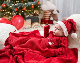Baby's First Christmas Outfit, Red Knit Santa Romper 5 Piece Set with Hat, Mittens and Blanket