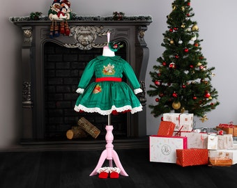 Newborn Reindeer Christmas Outfit: Green Baby Dress & Shoes