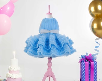 Sky Blue Tulle Birthday Girl Dress: Elegant Puffy Party Gown
