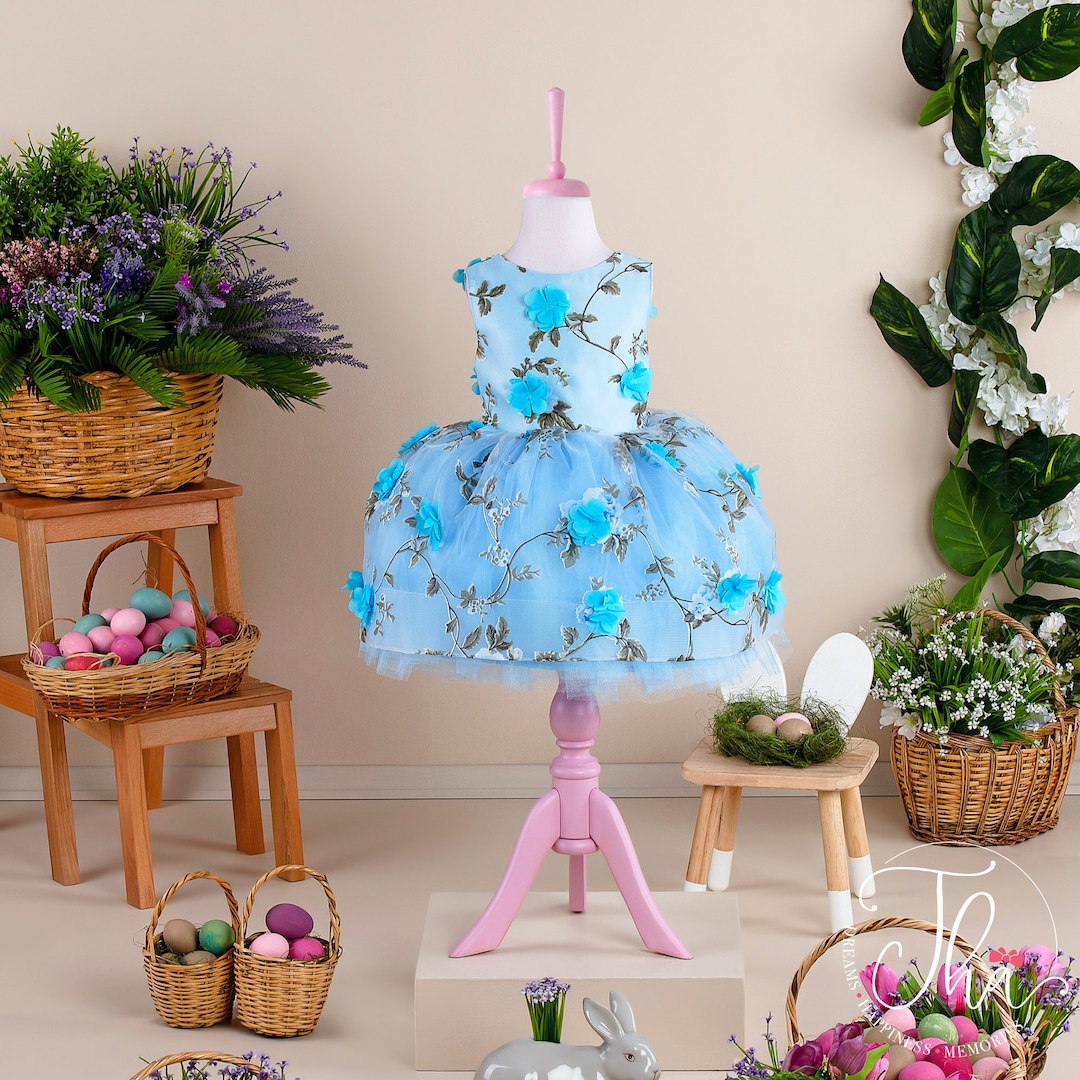 Floral Easter Dress for Girl, Blue Floral Easter Outfits, Elegant Easter Dress for Special