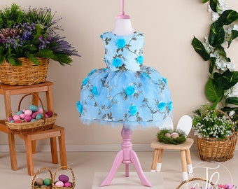Blue Floral Tulle Party Dress: Handmade Flower Girl Dress