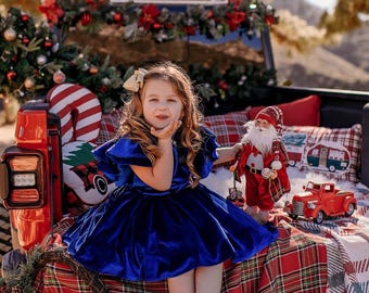 Sax Blue Velvet Christmas Dress with Matching Bow