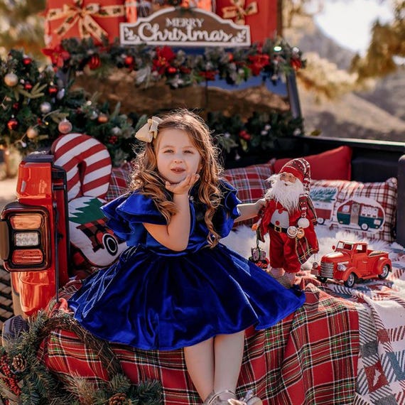 Sax Blue Velvet Christmas Dress with Matching Bow Sax Blue Velvet Christmas Dress with Matching Bow