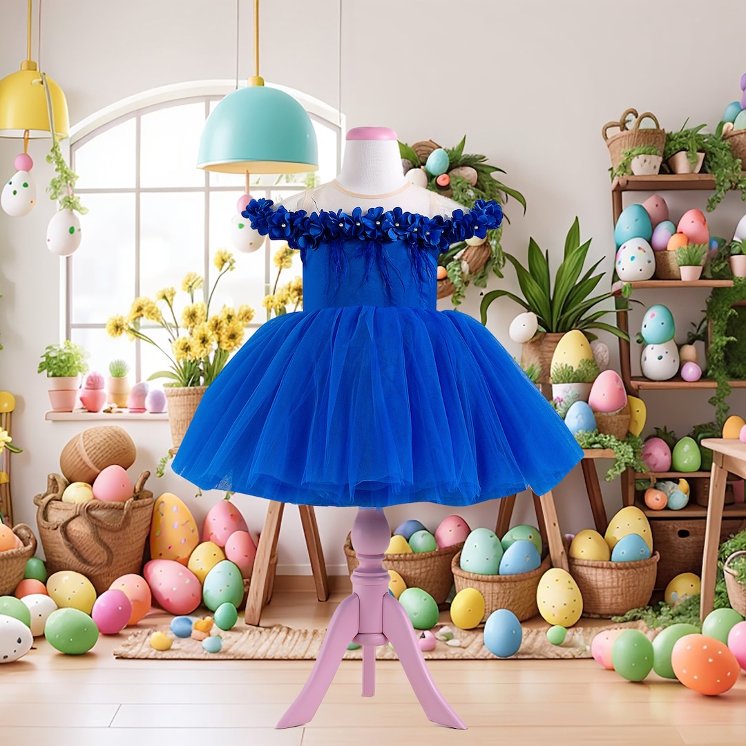 Royal Blue Floral Easter Dress: Handmade Spring Girl Outfit