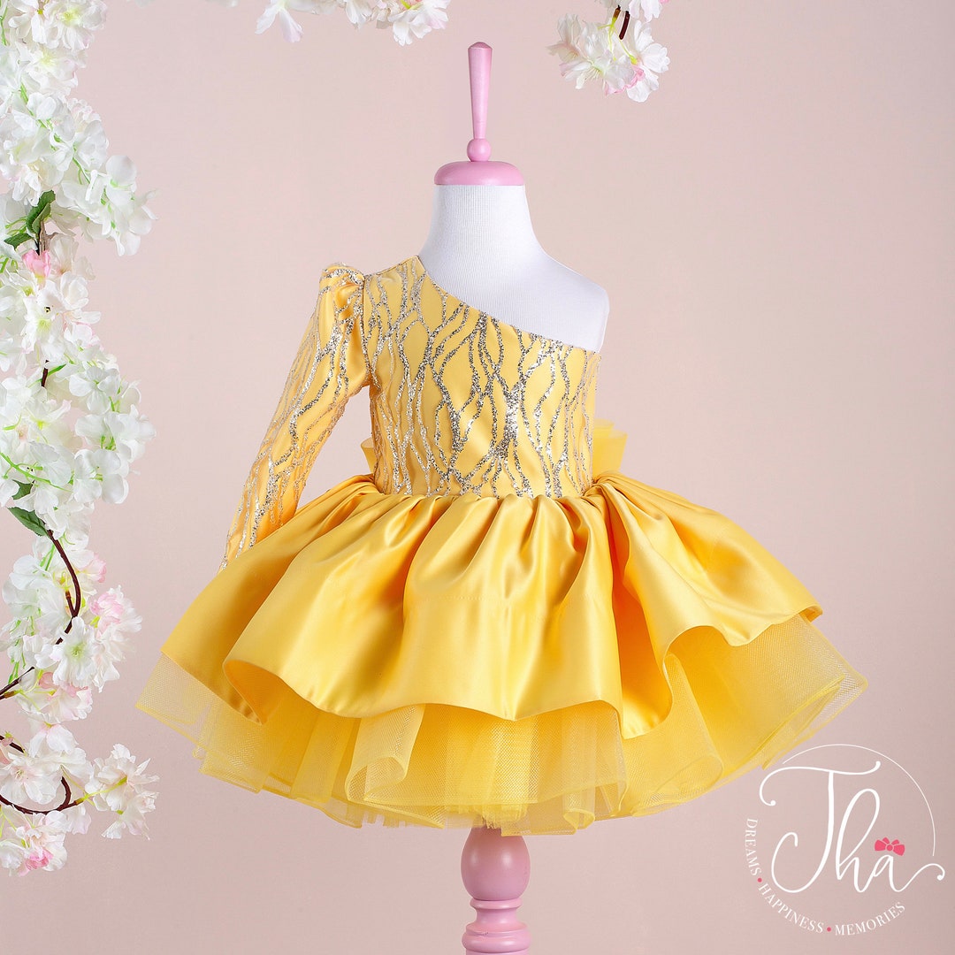 Baby Girl Dress Special Occasion, Sparkly Tutu Dress, Shiny Yellow