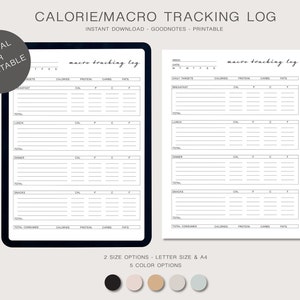 May include: Printable digital macro tracking log template with sections for daily targets, breakfast, lunch, dinner, snacks, and total consumed calories, protein, carbs, and fats. The template is available in two sizes: letter and A4, and five colours.