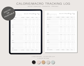 Calorie/Macro Tracking Food Log - Digital or Printable PDF - Fitness Planner - Goodnotes - 5 Color Options