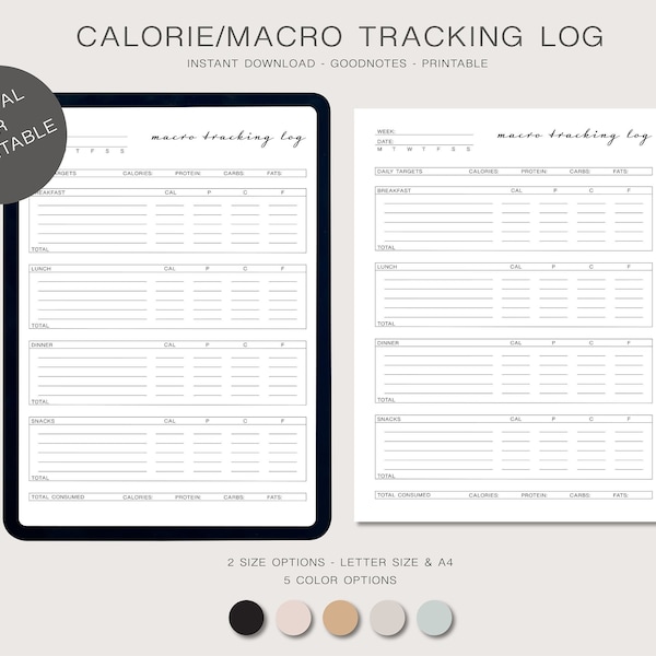 Calorie/Macro Tracking Food Log - Digital or Printable PDF - Fitness Planner - Goodnotes - 5 Color Options