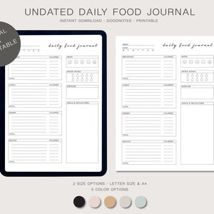 Undated Daily Food Journal. Calorie Tracker. Printable or Digital. Instant Download. 5 Color Options