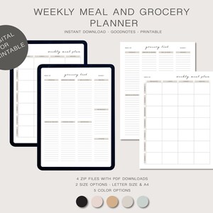 Pode incluir: Planejador semanal de refeições e compras digital ou imprimível. A imagem mostra um layout de plano de refeições semanal e lista de compras em um tablet e papel. O planejador inclui seções para cada dia da semana e uma lista de compras.