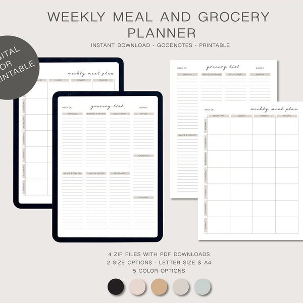 Weekly Meal Planner & Grocery List Bundle - Printable PDF or Digital - Goodnotes Template - Instant Download - 5 Color Options