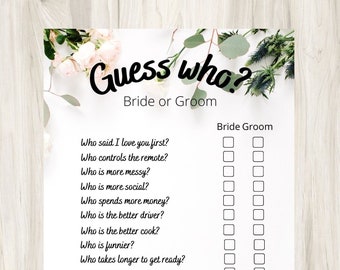 Bridal shower game// Guess who bride or groom// Digital download