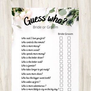 Bridal shower game// Guess who bride or groom// Digital download