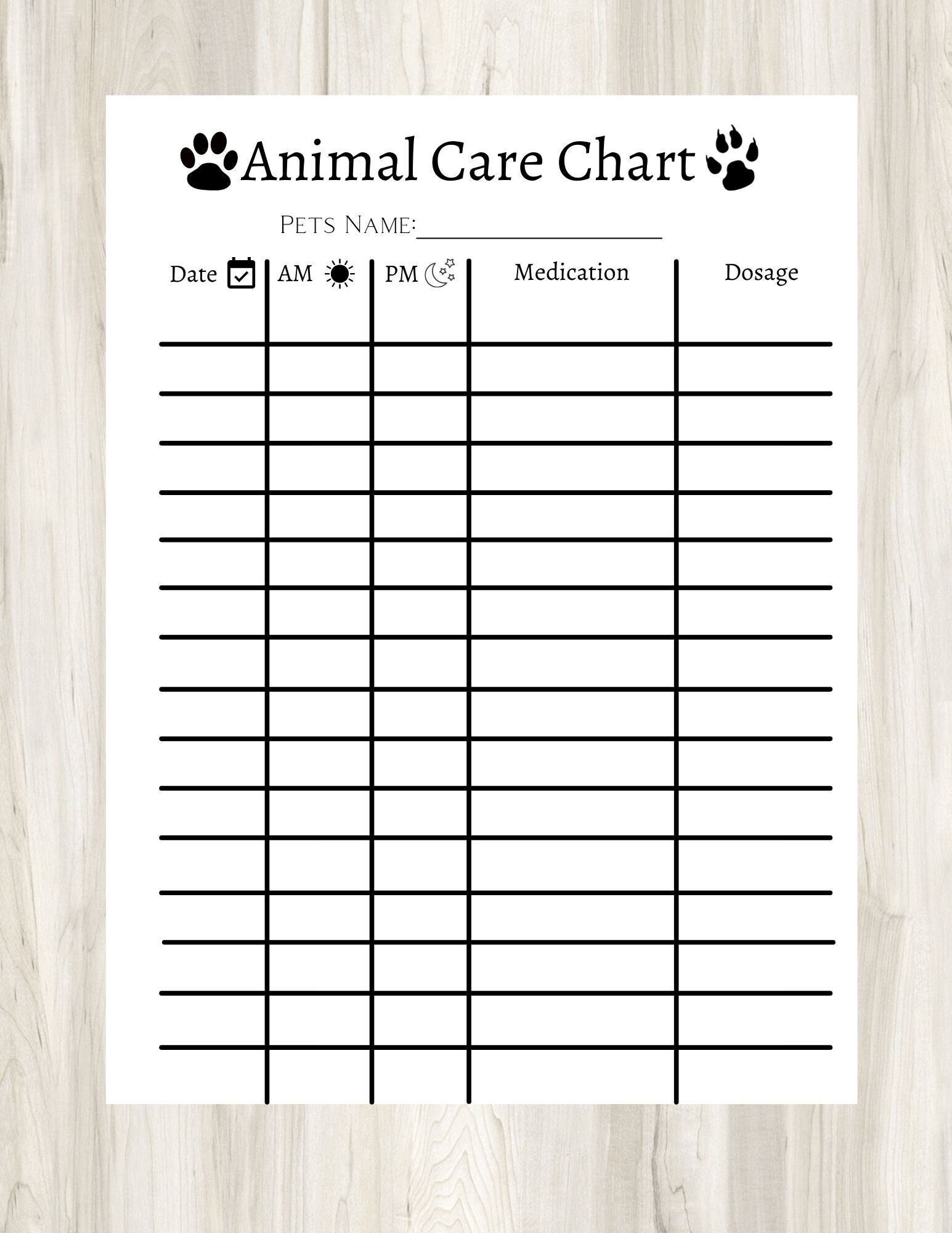 Animal Care Chart// Animal Medication Tracker - Etsy for Free Printable Pet Care Charts