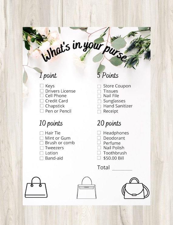 Super Cute Free Printable What's In Your Purse Bridal Shower Game | Purse  game, Whats in your purse, Bridal shower games