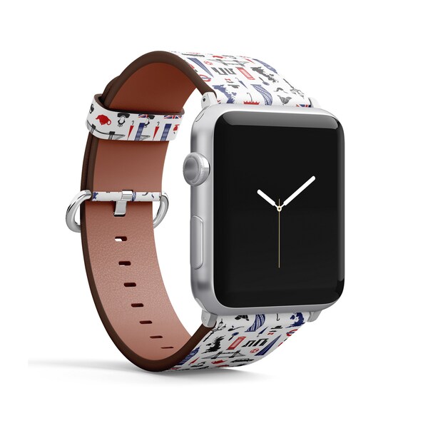 England London UK Print, Apple Watch Band (38mm / 40mm / 41mm / 42mm / 49mm), Vegan Faux-Leather Watch Strap Wrist Bracelet.