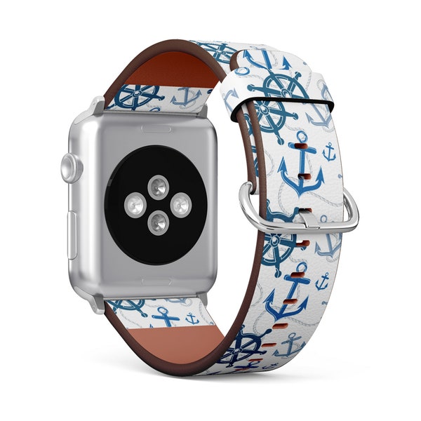 Nautical Theme Print, Apple Watch Band (38mm / 40mm / 41mm / 42mm / 49mm), Vegan Faux-Leather Watch Strap Wrist Bracelet.