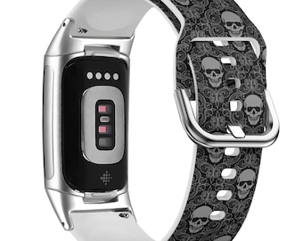 Skull Icon On Print Watch Band for FitBit Versa 1/2/3 4, FitBit Sense 1/2, FitBit Charge 4/5/6, Silicone Soft Sport Wristband Strap