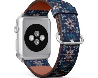 Winter Holiday Knitted Snowflakes Print, Apple Watch Band (38mm / 40mm / 41mm / 42mm / 49mm), Vegan Faux-Leather Watch Band.