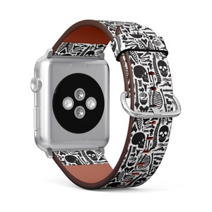 Monochrome Human Skeleton Print, Apple Watch Band (38mm / 40mm / 41mm / 42mm / 49mm), Vegan Faux-Leather Watch Strap Bracelet.