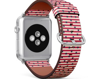 USA Flag Print, Apple Watch Band (38mm / 40mm / 41mm / 42mm / 49mm), Vegan Faux-Leather Watch Strap Wrist Bracelet.