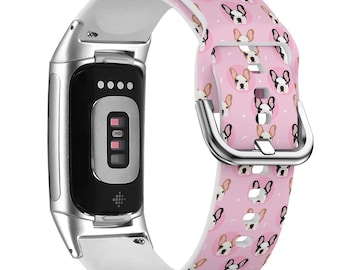 French Bulldogs Print Watch Band for FitBit Versa 1/2/3 4, FitBit Sense 1/2, FitBit Charge 4/5/6, Silicone Soft Sport Wristband Strap