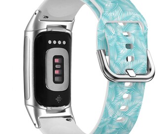 Palm Tree Leave Watch Band for FitBit Versa 1/2/3 4, FitBit Sense 1/2, FitBit Charge 4/5/6, Silicone Soft Sports Wristband Strap Bracelet