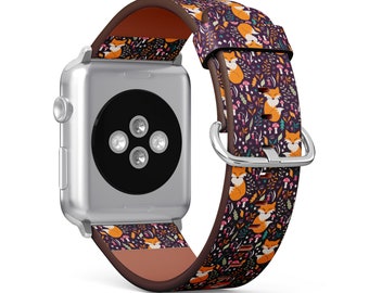 Cute Flowers Foxes Mushrooms Print, Apple Watch Band ( 38mm / 40mm / 41mm / 42mm / 44mm / 45mm), Vegan Faux-Leather Watch Strap Bracelet.