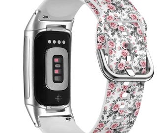 Cinturino per orologio con stampa di fiori e foglie rosa per FitBit Versa 1/2/3 4, FitBit Sense 1/2, FitBit Charge 4/5/6, cinturino sportivo morbido in silicone