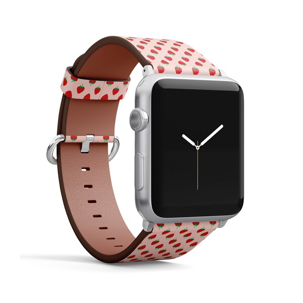 Summer Strawberry Print, Apple Watch Band (38mm / 40mm / 41mm / 42mm / 49mm), Vegan Faux-Leather Watch Strap Wrist Bracelet.