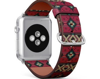Ethnic Native Southwest, Apple Watch Band (38mm / 40mm / 41mm / 42mm / 49mm), Vegan Faux-Leather Watch Strap Wrist Bracelet.