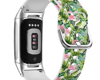 Pulseira de relógio colorida de flamingo tropical plumeria para FitBit Versa 1/2/3/4, FitBit Sense 1/2, Charge 4/5/6, pulseira de silicone macio