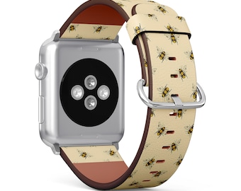 Cute Honey Bee Print, Apple Watch Band (38mm / 40mm / 41mm / 42mm / 49mm), Vegan Faux-Leather Watch Strap Wrist Bracelet.