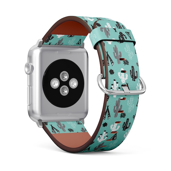 Mint Cacti Indian Print, Apple Watch Band 38mm 40mm 41mm 42mm  44mm 45mm), Vegan Faux-Leather Watch Strap Wrist