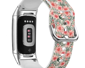 Flower Pink Hibiscus Print Watch Band for FitBit Versa 1/2/3 4, FitBit Sense 1/2, FitBit Charge 4/5/6, Silicone Soft Sport Wristband Strap