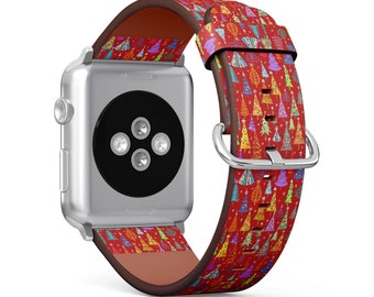 Colorful Christmas Tree Print, Apple Watch Band ( 38mm / 40mm / 41mm / 42mm / 44mm / 45mm), Vegan Faux-Leather Watch Strap Wrist Bracelet.