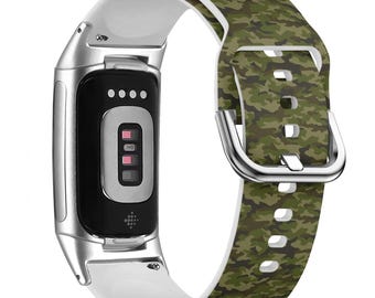 Military Camouflage Watch Band for FitBit Versa 1/2/3 4, FitBit Sense 1/2, FitBit Charge 4/5/6, Silicone Soft Sport Wristband Strap Bracelet