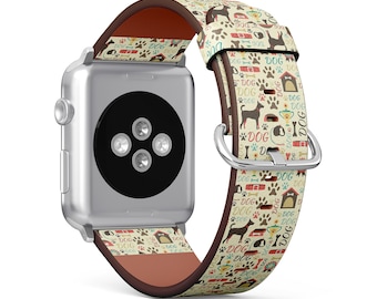 Retro Dog Theme Print, Apple Watch Band (38mm / 40mm / 41mm / 42mm / 49mm), Vegan Faux-Leather Watch Strap Wrist Bracelet.
