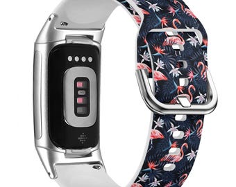 Pink Flamingo Birds Print Watch Band for FitBit Versa 1/2/3 4, FitBit Sense 1/2, FitBit Charge 4/5/6, Silicone Soft Sport Wristband Strap