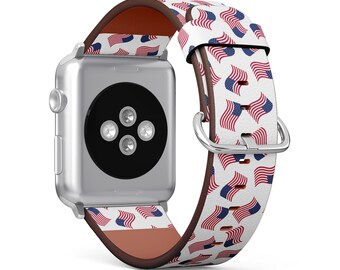 America Flag On Print, Apple Watch Band (38mm / 40mm / 41mm / 42mm / 49mm), Vegan Faux-Leather Watch Strap Wrist Bracelet.