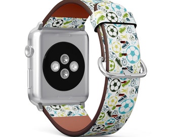 Soccer Sport Theme Print, Apple Watch Band ( 38mm / 40mm / 41mm / 42mm / 44mm / 45mm), Vegan Faux-Leather Watch Strap Wrist Bracelet.