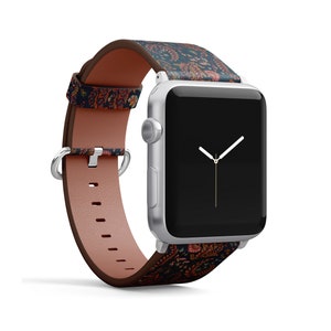 Blue Denim Colorful Floral Print, Apple Watch Band (38mm / 40mm / 41mm / 42mm / 49mm),Vegan Faux-Leather Watch Strap Wrist Band.