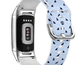 Pulseira de relógio com estampa de barbatana de tubarão para FitBit Versa 1/2/3 4, FitBit Sense 1/2, FitBit Charge 4/5/6, pulseira esportiva de silicone macio