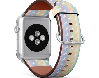 Rainbow White Unicorns Print, Apple Watch Band (38mm / 40mm / 41mm / 42mm / 44mm / 45mm), Vegan Faux-Leather Watch Strap Wrist Bracelet.